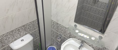 Chambre double ou avec lits jumeaux, vue sur le jardin | Salle de bain | Douche, séchoir à cheveux, savon, shampooing