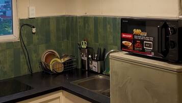 Fridge, microwave, electric kettle, cookware/dishes/utensils