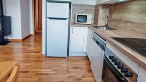 A modern kitchen with a refrigerator, microwave, stove, and wooden flooring. - Fireplace and modern kitchen. Rustic charm - Aüt 3 (Pla de l'Ermita)