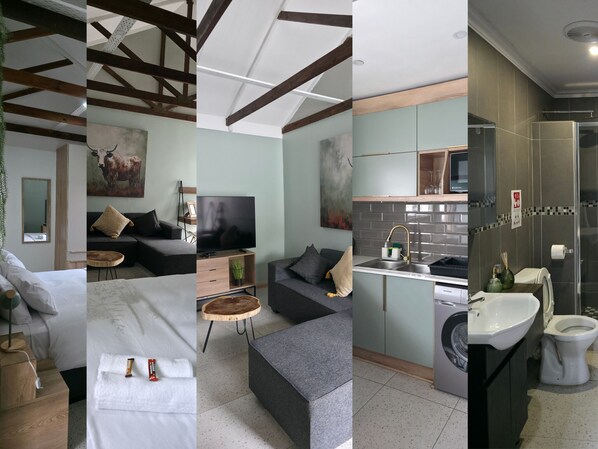 Une chambre d’hôtel moderne équipée d’un lit, d’un canapé, d’une télévision et d’un petit coin repas.