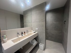 Shower, hair dryer, bidet, towels