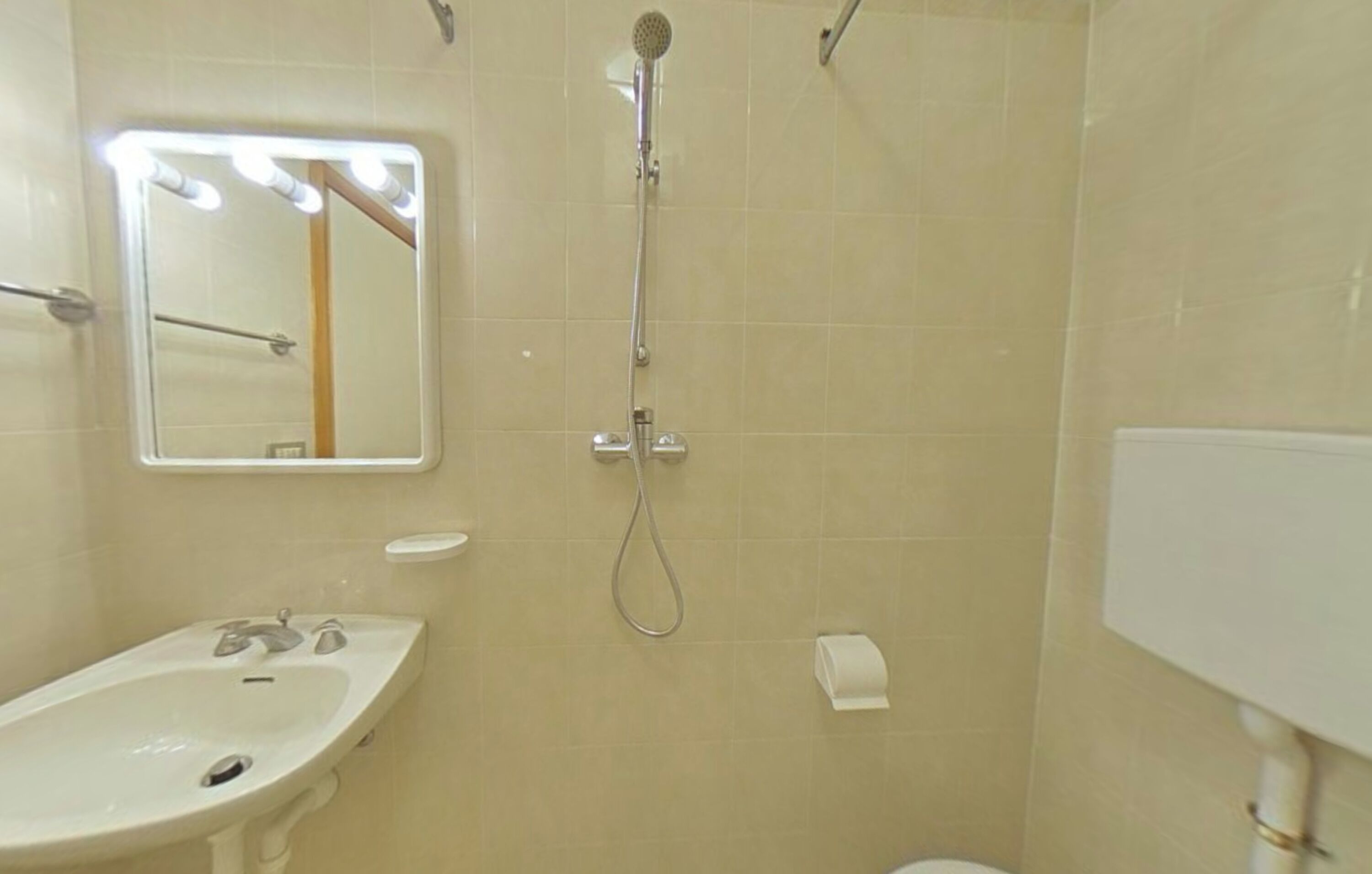 A bathroom with a sink, mirror, shower, and toilet.