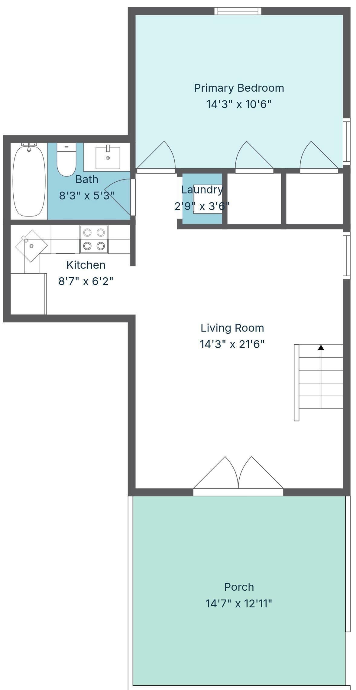 Plano de planta que muestra un dormitorio principal, un dormitorio secundario, cocina, sala de estar y porche.