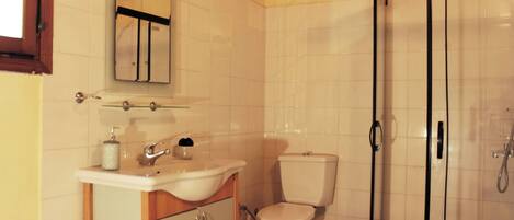 A bathroom with a toilet, sink, mirror, and shower enclosure.