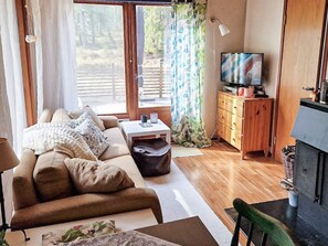 Uma sala de estar com sofá, televisão, armário de madeira e lareira.