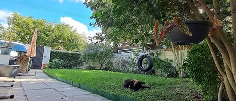 Ein gepflasterter Weg führt zu einer Grünfläche mit einem Baum und einer Schaukel.