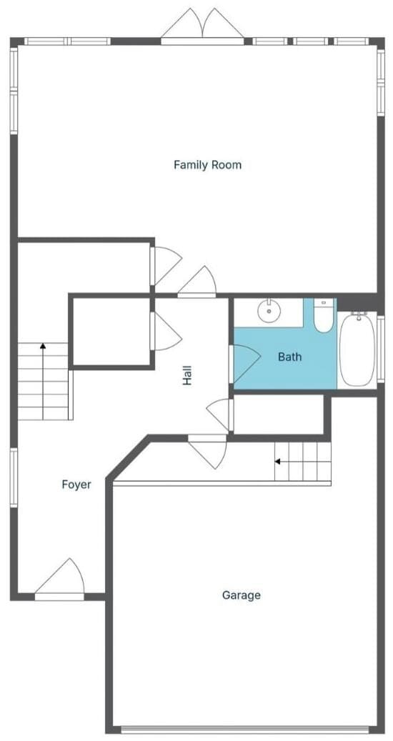 Plànol que mostra una Sala de Família, un Vestíbul, un Bany, un Diòfan i un Garatge.