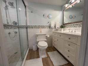 Hair dryer, towels, soap, toilet paper