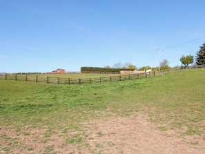 A fenced grassy field with a building in the background. - Fern Folly (Whitby)