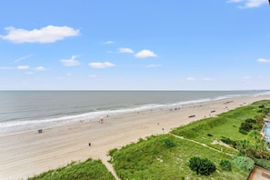 A beach with a clear sky, a sandy shore, and a few people. - Oceanfront, well maintained, penthouse condo +Free Attraction Tickets! (North Myrtle Beach)