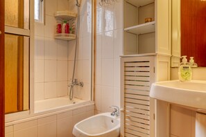 Shower, hair dryer, bidet, towels