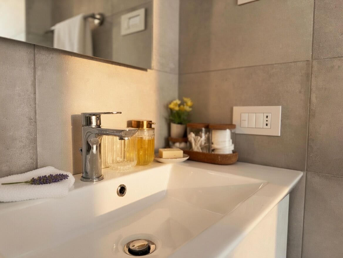 Une salle de bain avec un lavabo blanc, un miroir et un porte-serviettes.
