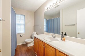 A bathroom with a white sink, wooden cabinets, a large mirror, and a toilet. - Newly renovated home, across the street from a vibrant, peaceful state nature park! (Chattanooga)