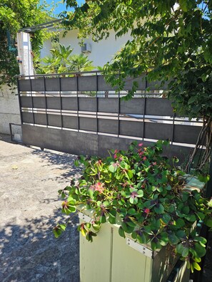 A gated area with a concrete floor, a metal fence, and a green planter with plants. - Unique 3-bedroom apartment with AC and beautiful sea views in charming Baosici (Baosici)