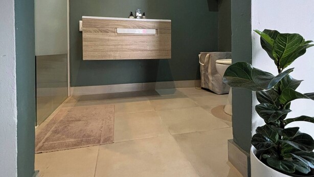 A bathroom with a wooden vanity, a potted plant, and a window. - Bheka Guest House Parktown North, Johannesburg (Johannesburg)