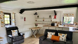 Ein Wohnzimmer mit einer Couch und einem Sessel, einem kleinen Tisch sowie einer Küchenzeile mit Mikrowelle und Spüle.