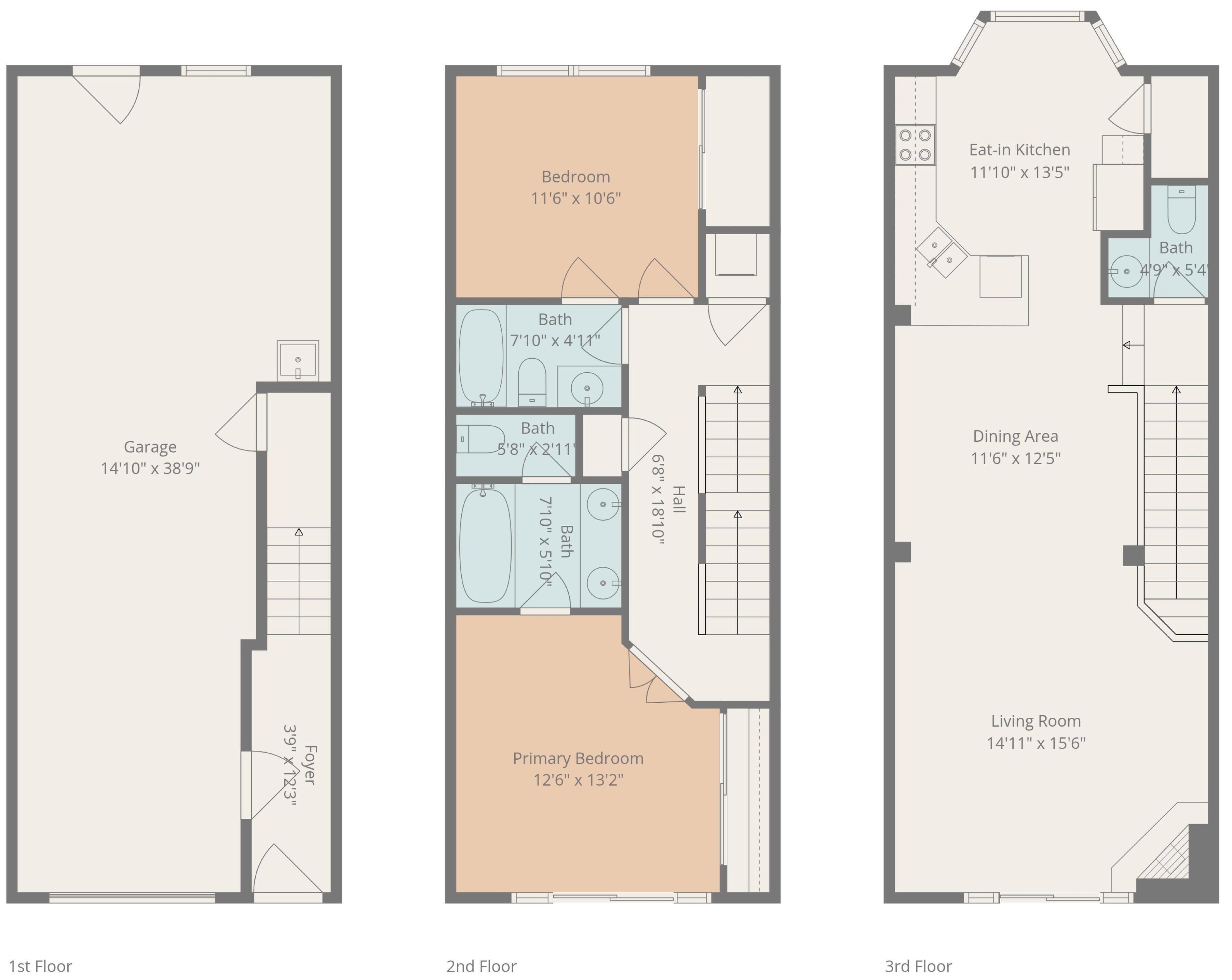Indeling van een appartement over drie verdiepingen, met garage, hoofdslaapkamer, logeerkamer, eetgedeelte, woonkamer en bijbehorende badkamer.