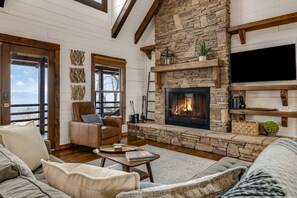 Smart TV, fireplace, books, offices - Views in the Blues: 3-Story Asheville Log Cabin with Hot Tub & Fire Pit (Arden)