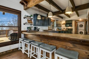 Fridge, microwave, oven, stovetop - Views in the Blues: 3-Story Asheville Log Cabin with Hot Tub & Fire Pit (Arden)