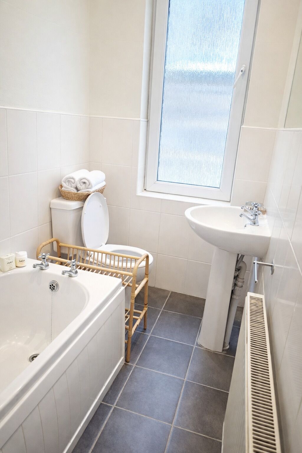 Hair dryer, towels, soap, toilet paper