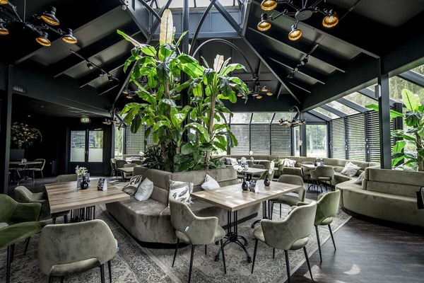 Unwind in the lush lounge with sunlit, greenery-filled seating.