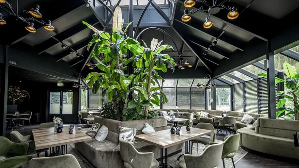 A modern interior with a high ceiling, large windows, and a central plant. - Active Dutch Getaway with Cycling Routes, Pool Access and Free Parking (Winterswijk)