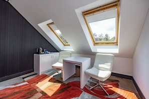Ein modernes Schlafzimmer im Loft-Stil mit Dachfenstern, einem weißen Schreibtisch, einem Stuhl und einer Couch.