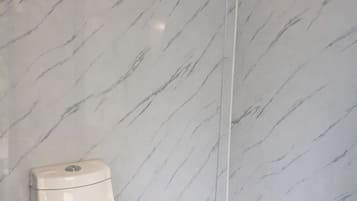Ducha, secador de pelo, toallas, jabón