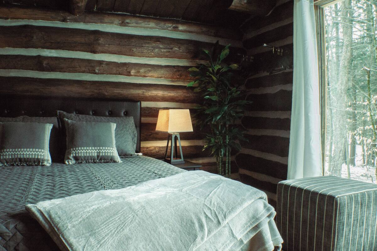A log cabin bedroom with a bed, pillows, a bedside lamp, a potted plant, and a window.