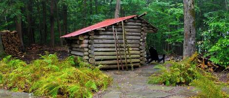 A log cabin with a red roof, surrounded by a forest with a stone pathway leading to it.