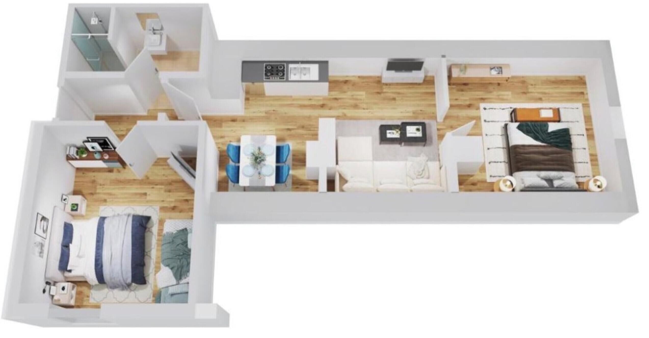 Plano de planta de una habitación de hotel con cama, escritorio, silla, sofá, mesa de centro y pequeña cocina.