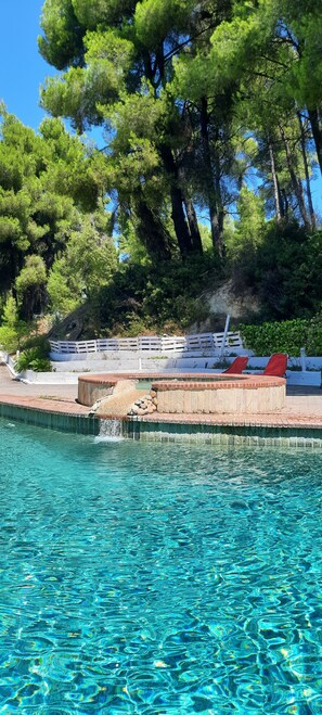 A clear pool with a wooden deck and lounge chairs, surrounded by trees and a white fence.