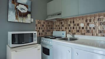 Economy Double Room, Balcony, Partial Sea View | Private kitchen | Fridge, microwave, stovetop, cookware/dishes/utensils