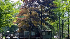 A house with a deck, outdoor seating, and a well-maintained lawn.