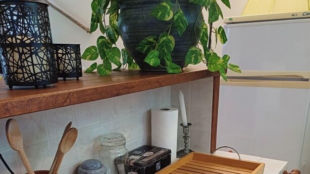 A kitchen counter with a potted plant, wooden utensils, a cutting board, a cloth, and a towel.