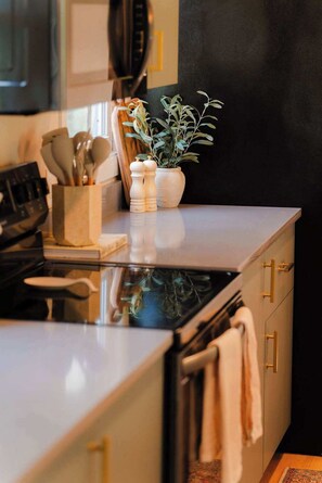Fridge, microwave, stovetop, coffee/tea maker - Unique Retreat on Creek with Hot Tub and Games (Creola)