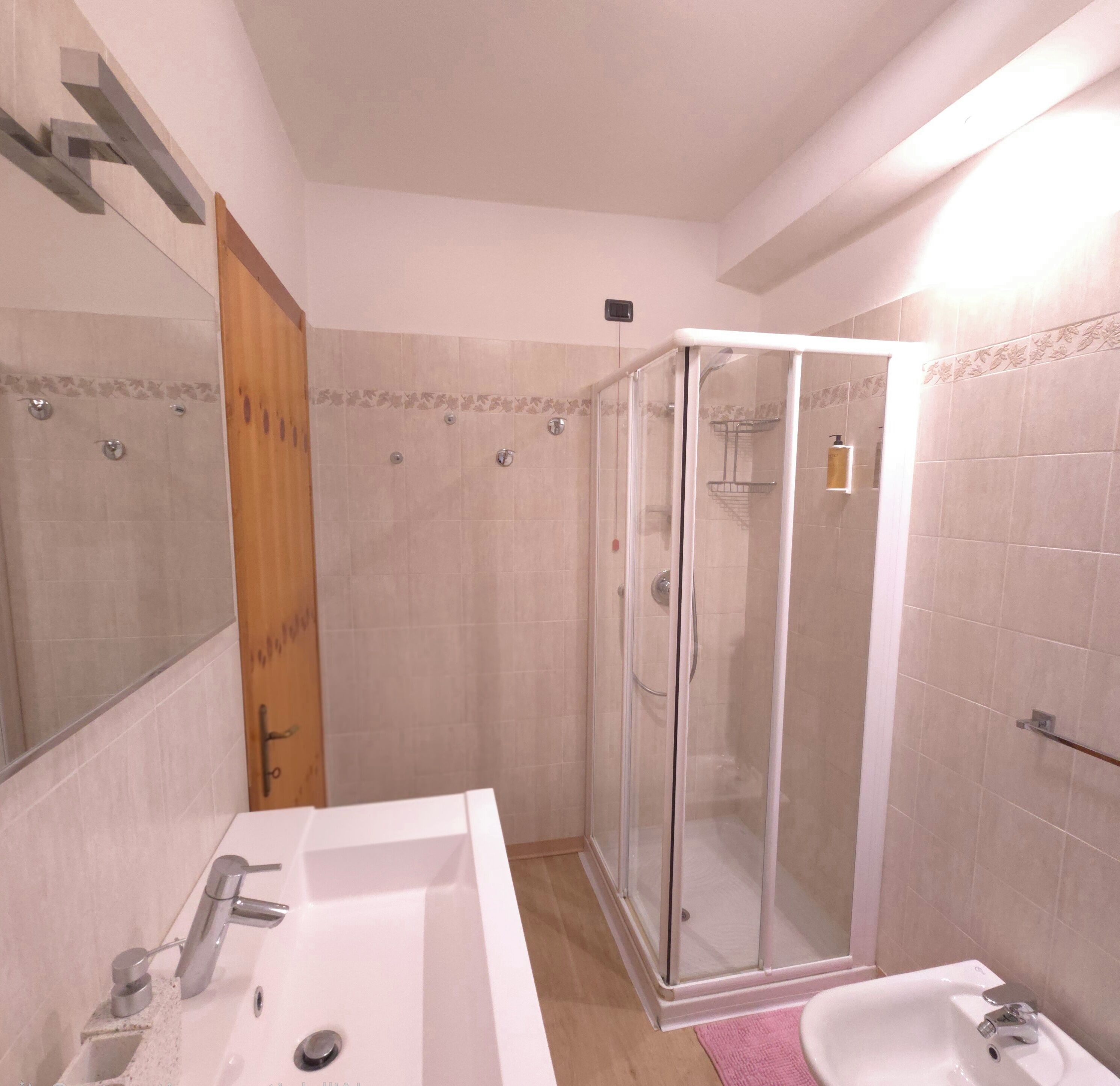 A bathroom with a shower, a sink, and a mirror.