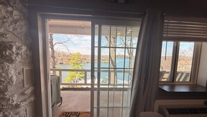 Quarto com parede de pedra, porta de correr de vidro que dá para uma varanda com vista para um lago e árvores, e radiador na parede.