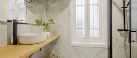 Shower, hair dryer, towels
