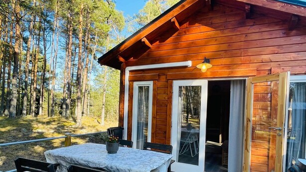 A wooden cabin with a deck, a table with chairs, and a sliding glass door. - 4 Person Holiday Home in Yngsjo (Yngsjo)