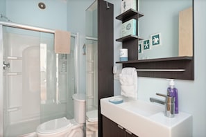 Hair dryer, towels, soap, toilet paper