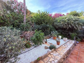 Ein Garten mit verschiedenen Pflanzen und einem Kiesweg.