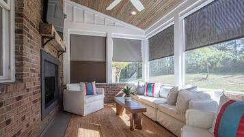 TV, fireplace, books