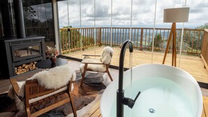 Een houten terras met een groot raam, een jacuzzi, een open haard en een hond.