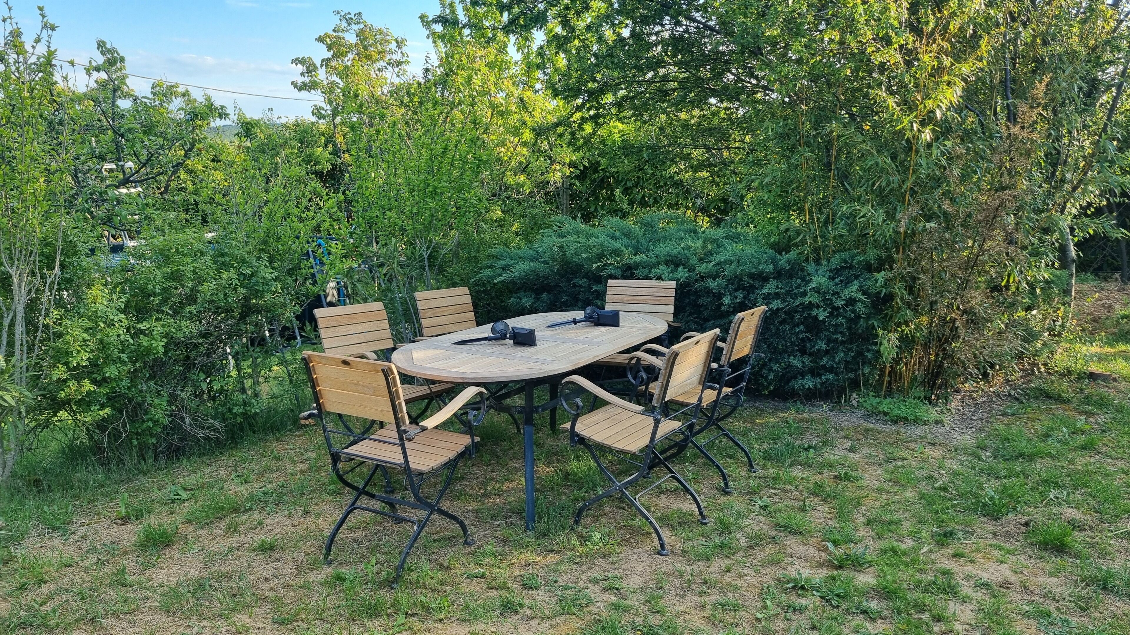 Una mesa de madera al aire libre con sillas, rodeada de abundante vegetación.