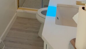 A bathroom with a glass-enclosed shower, a toilet, and a sink. - Delightful and Remodeled 5-bedroom house near the North Shore and Draft Event (Pittsburgh)