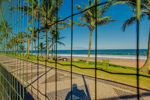 Ein gepflasterter Weg, gesäumt von Palmen, führt zu einem Strand mit dem Meer im Hintergrund.