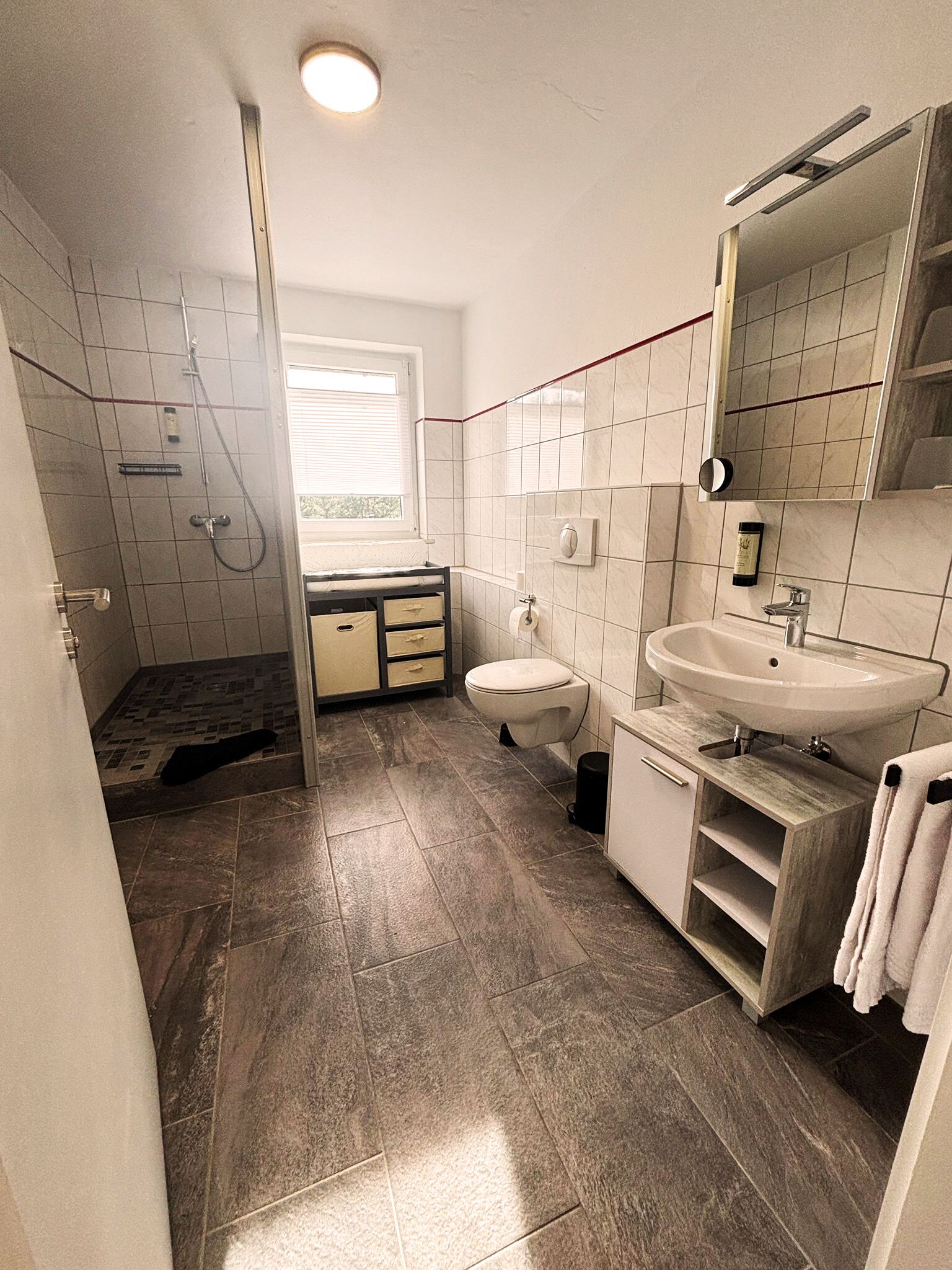 Baño con ducha, inodoro, lavabo y espejo.