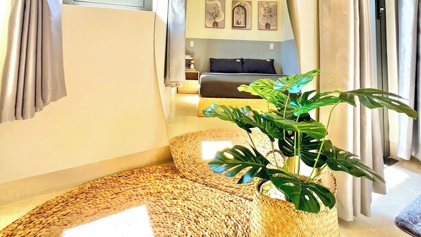 Une pièce avec un lit, des rideaux, un tapis tissé et une plante en pot.