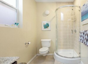 Shower, hair dryer, towels, soap